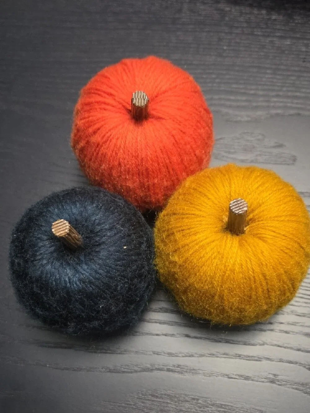 Handmade Yarn Pumpkins Trio - Black, Orange, Mustard - Home Art